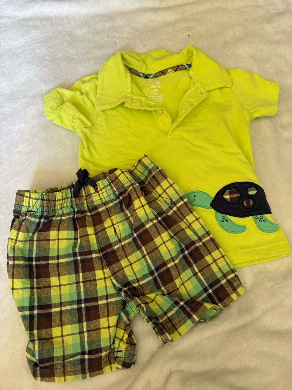 Carter's Lime Green Polo & Plaid Shorts Set with Turtle Applique